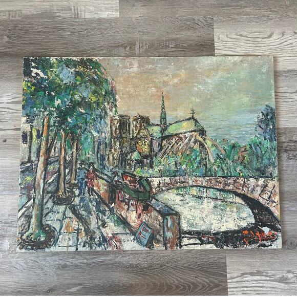 Vintage Oil Painting Signed J.D’Avo Paris Street Scene River Bridge 25x19 Canvas - Picture 1 of 11